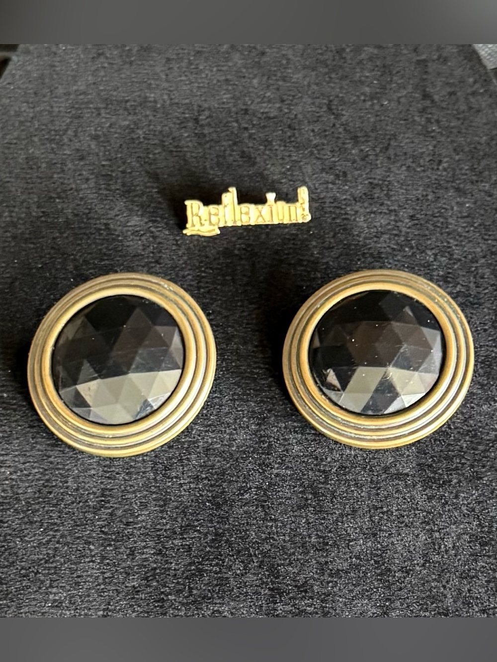Rare! -  Large Round Muted Gold & Black Clip-On Earrings - Vintage 80’s